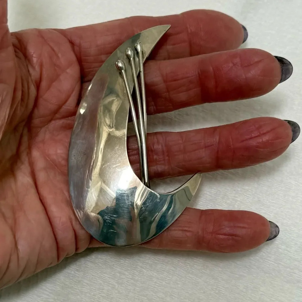 Vintage Taxco Mexican Sterling Silver Modernist Cresent Brooch TM-157 925 Large